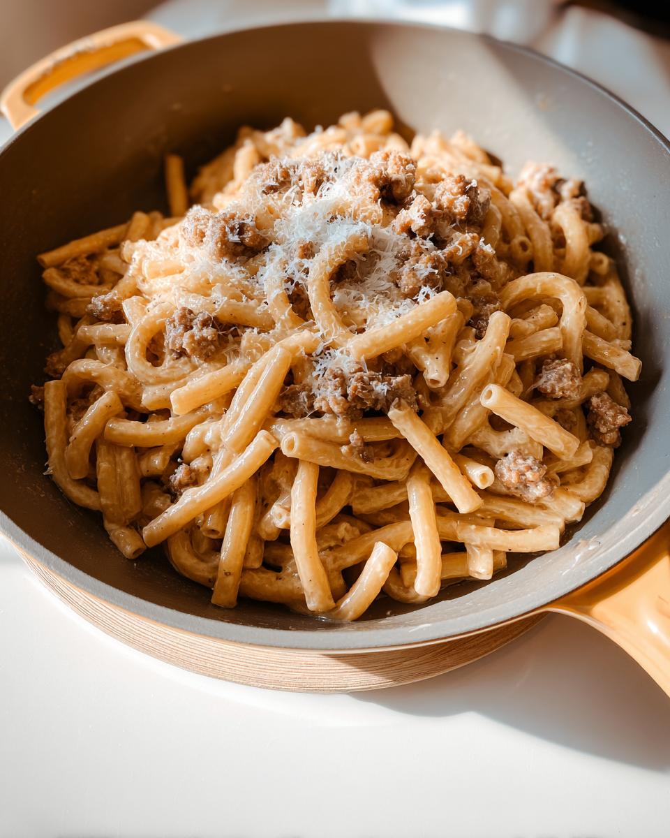 Close-up of a bowl of creamy pasta with crumbled meat sauce and grated cheese, perfect for busy weeknights.