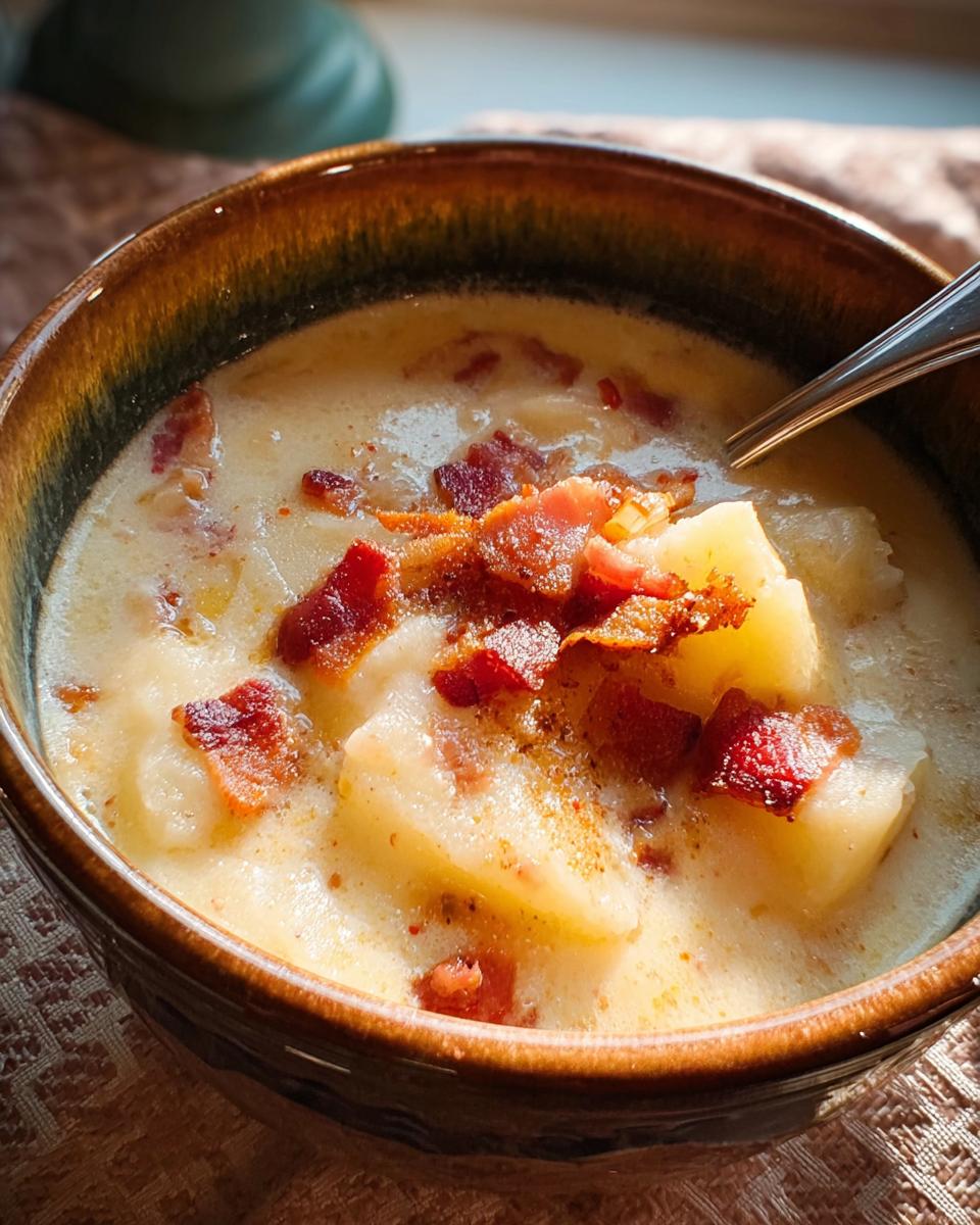 A bowl of creamy potato soup topped with crispy bacon, part of 12-Ingredient Soup Recipes.