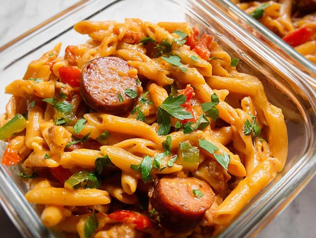 Close-up of creamy sausage pasta in a meal prep container, featuring penne pasta, sliced sausage, bell peppers, and parsley.