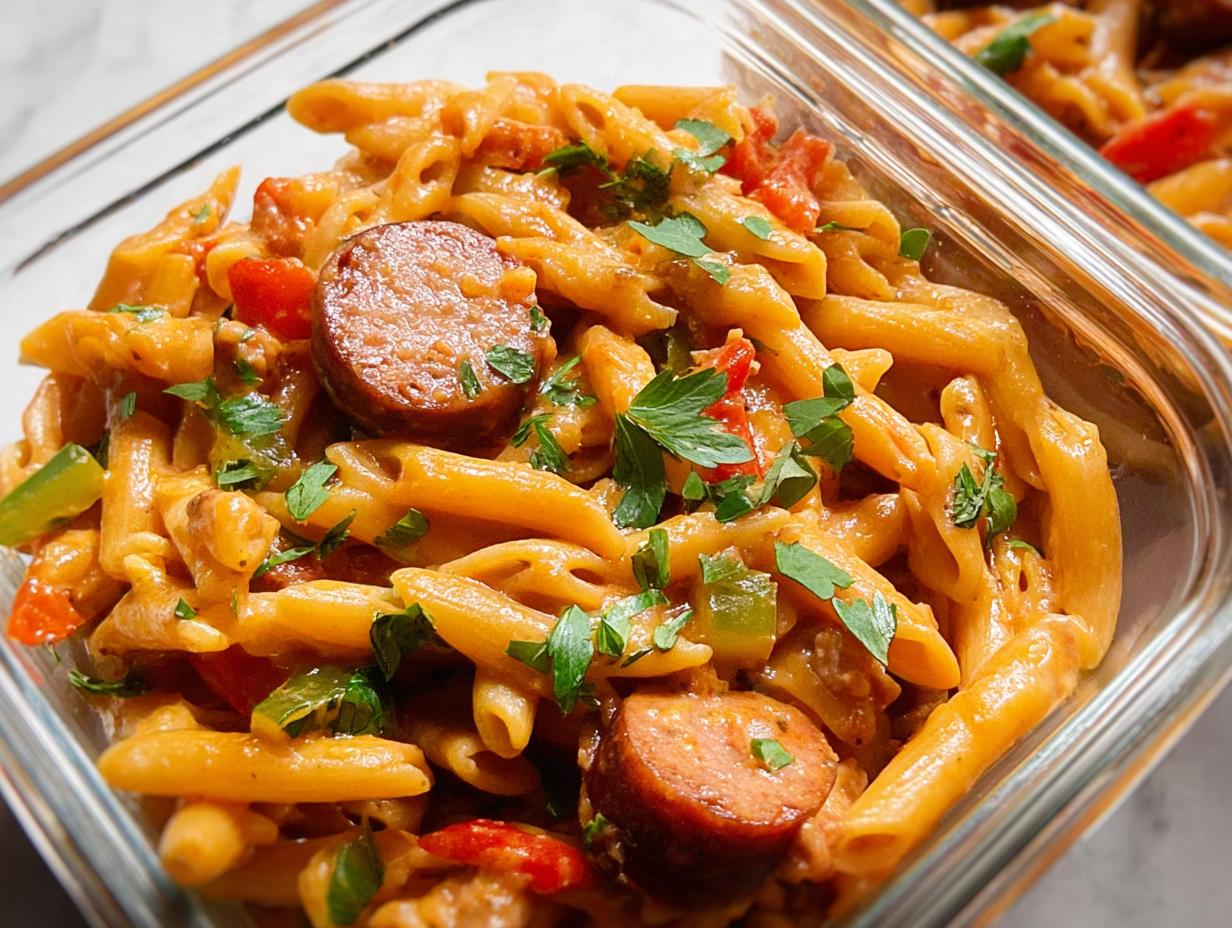 Close-up of creamy sausage pasta in a meal prep container, featuring penne pasta, sliced sausage, bell peppers, and parsley.