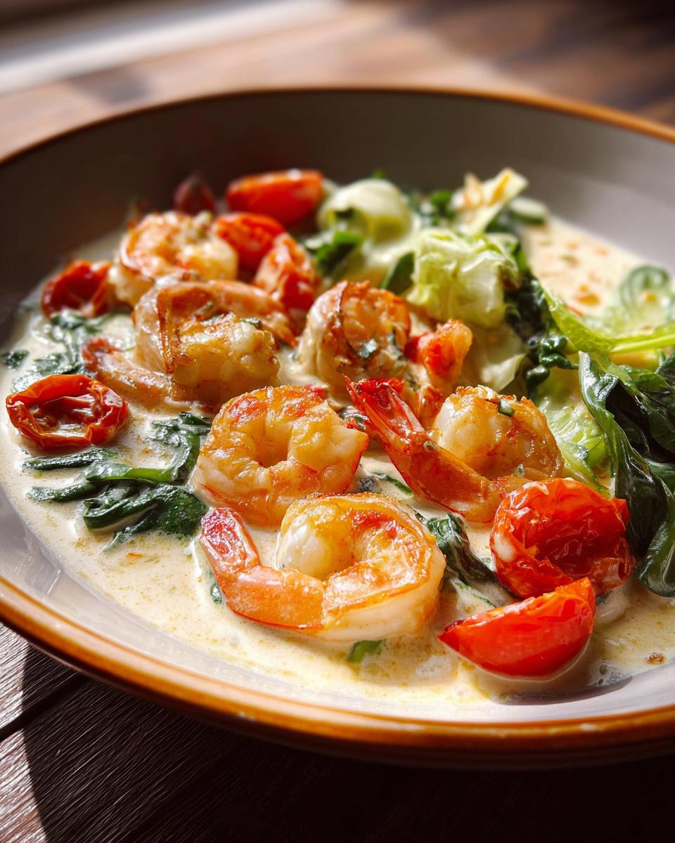 Close-up of a delicious shrimp recipe in a creamy sauce with spinach and cherry tomatoes.