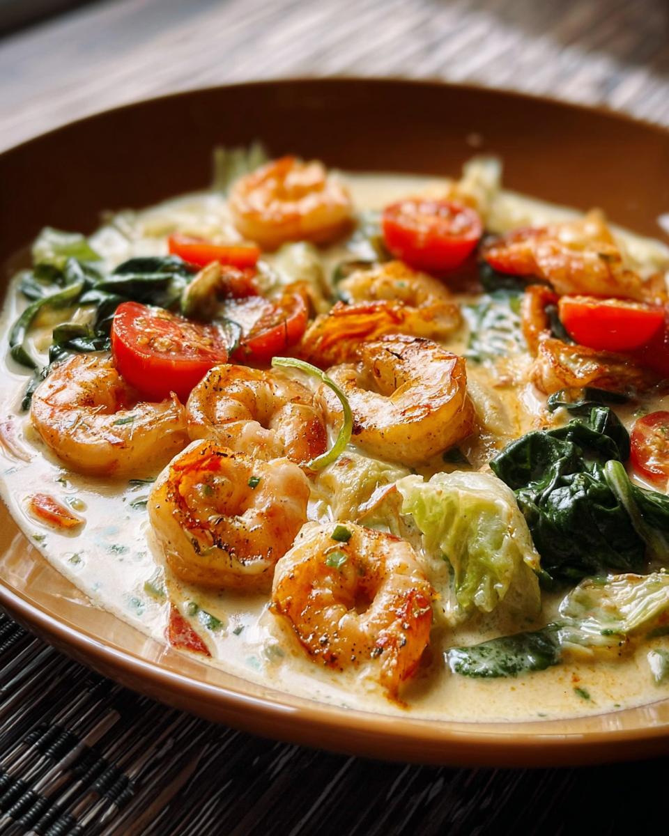 Close-up of a creamy shrimp recipe with plump shrimp, cherry tomatoes, and wilted spinach.