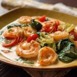 Close-up of a creamy shrimp recipe with plump shrimp, cherry tomatoes, and wilted spinach in a rich sauce.