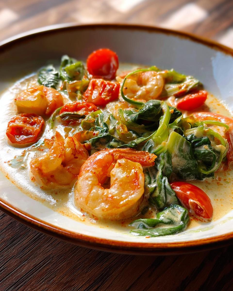 Close-up of a creamy shrimp recipe with plump shrimp, wilted spinach, and halved cherry tomatoes in a white bowl.