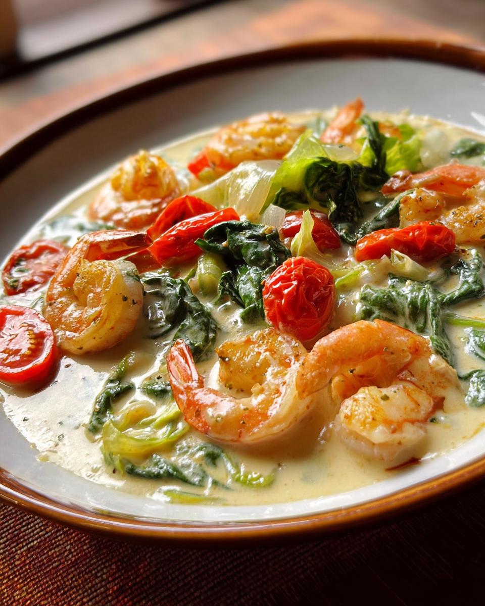 A close-up of a creamy shrimp recipe featuring plump shrimp, cherry tomatoes, and wilted spinach in a rich sauce.