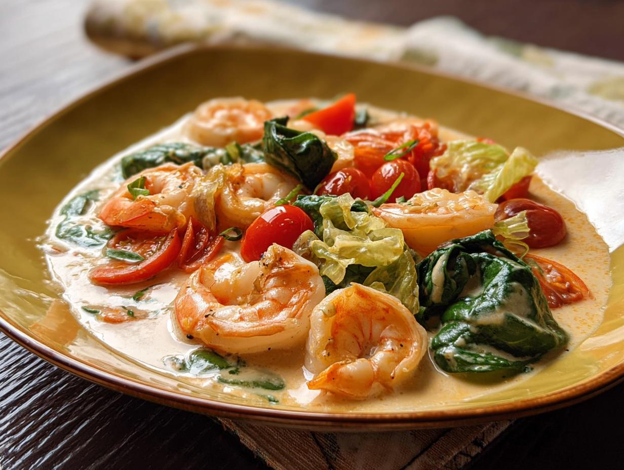 Close-up of a creamy shrimp recipe with plump shrimp, cherry tomatoes, and wilted spinach in a rich sauce.