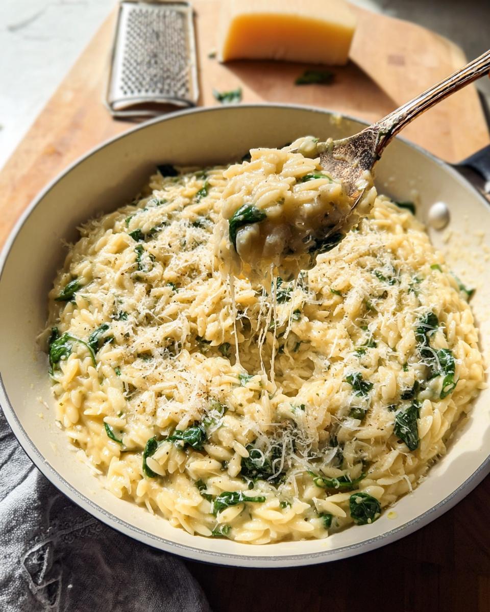 A close-up of creamy spinach orzo being scooped from a pan, showing melted cheese and fresh spinach.