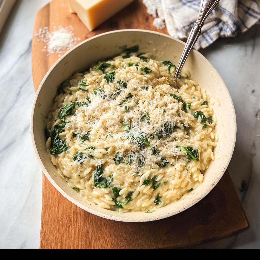 A bowl of creamy spinach orzo, a delicious veggie side dish, topped with grated Parmesan cheese.