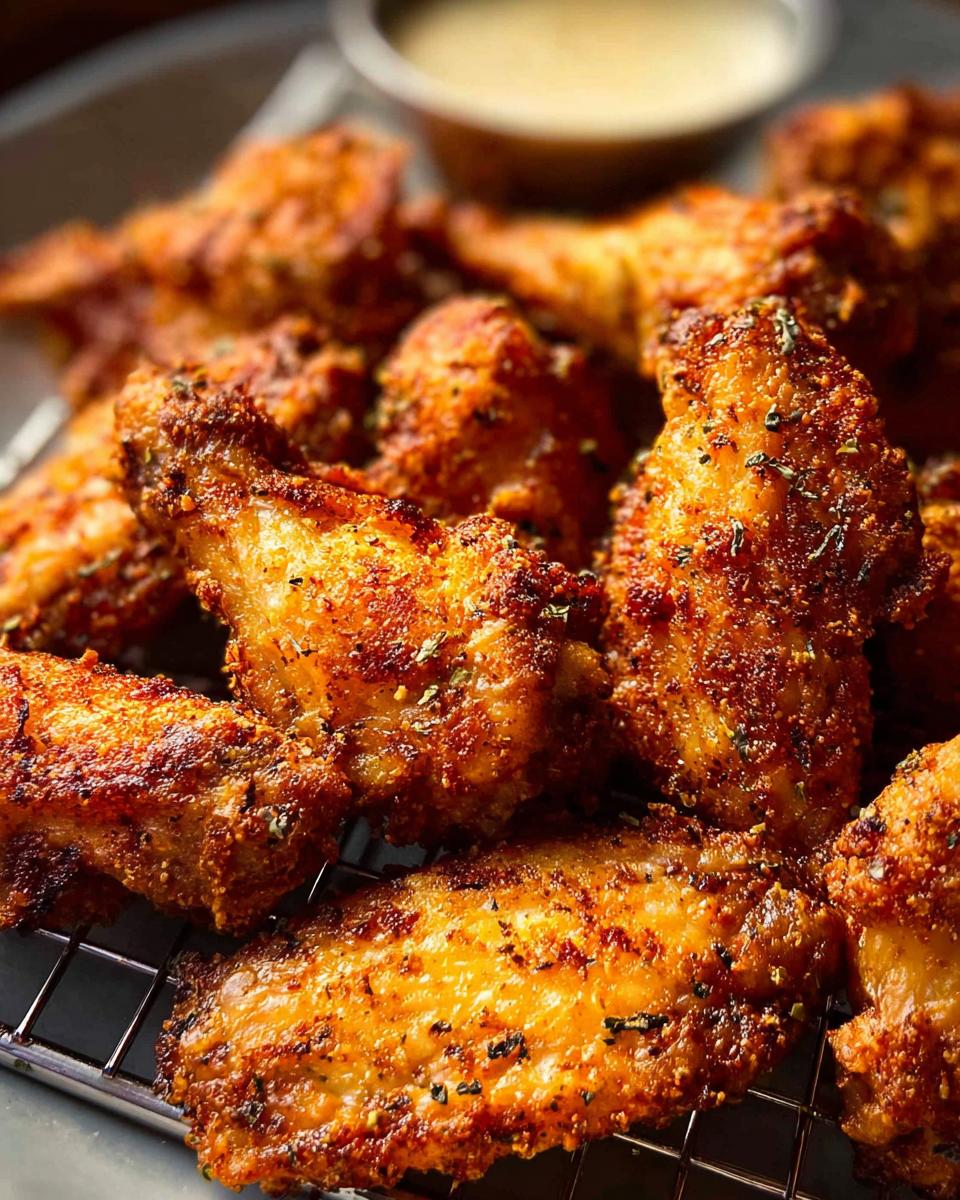 Close-up of perfectly baked crispy chicken wings, seasoned with herbs, ready to be enjoyed.