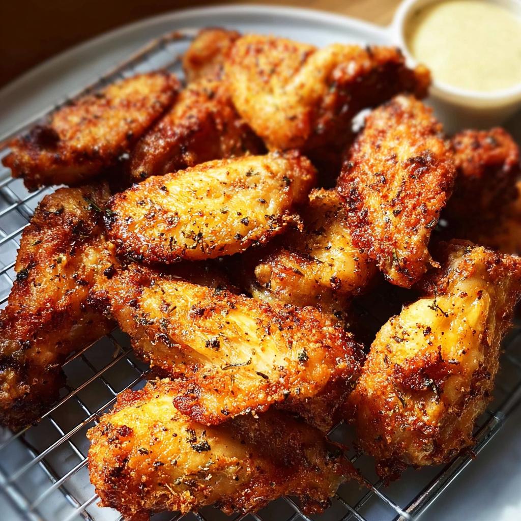 A close-up shot of perfectly baked, crispy chicken wings seasoned with herbs, ready to be served with a dipping sauce.