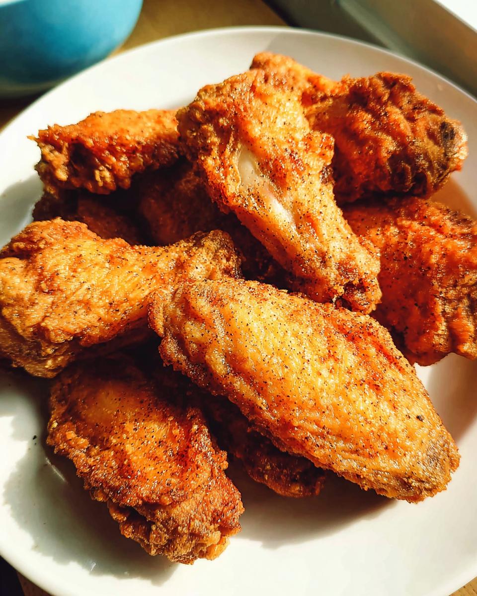 A pile of golden-brown, crispy baked chicken wings seasoned with pepper, ready to be enjoyed.