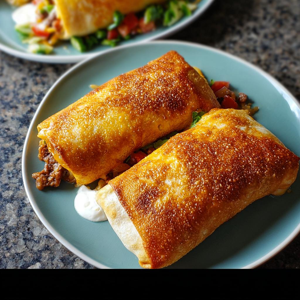 Two golden-brown crispy burritos served on a blue plate with a side of sour cream and a fresh salsa topping. Part of 20-Ingredient Easy Dinner Recipes.