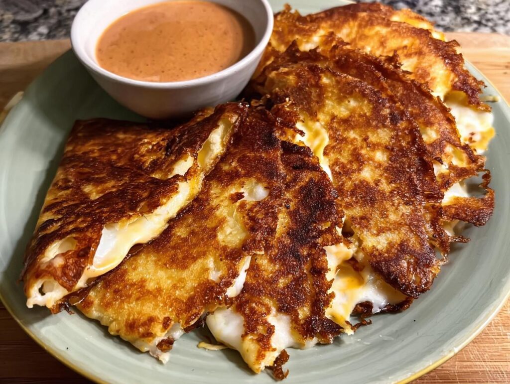 Golden-brown crispy cheese tacos served with a side of dipping sauce, perfect for Taco Tuesday.