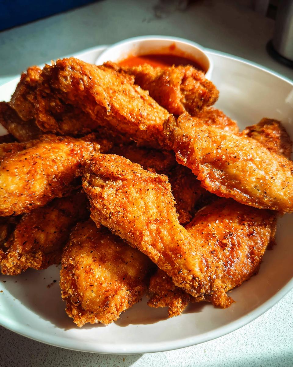 A close-up of a pile of crispy, golden-brown chicken wings seasoned with spices, served with a side of dipping sauce.