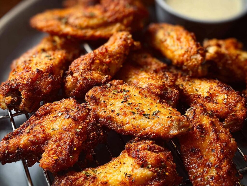 Close-up of a pile of perfectly cooked, crispy chicken wings seasoned with herbs and spices.