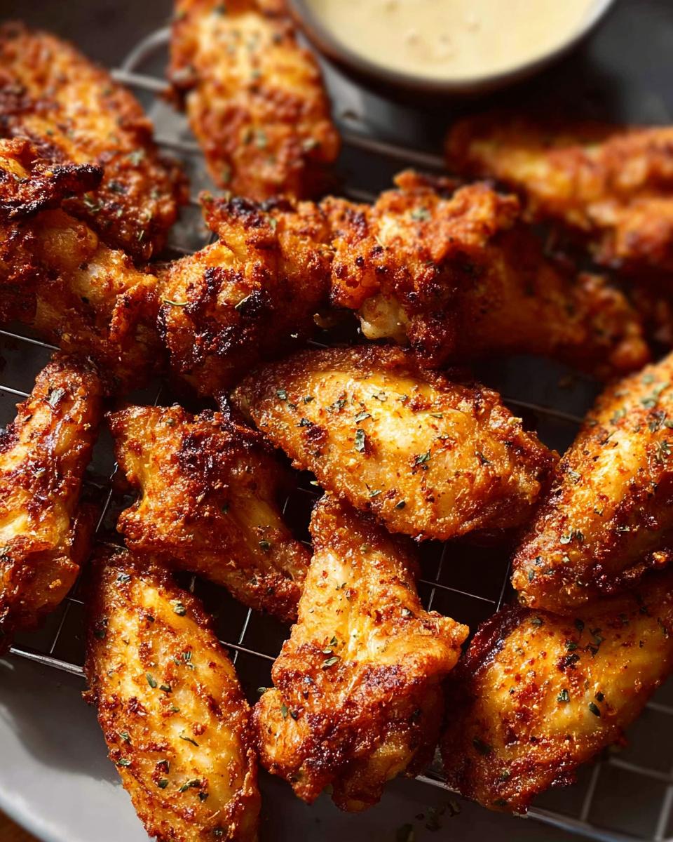 Close-up of perfectly cooked, crispy chicken wings seasoned with herbs, ready to be served with a dipping sauce.
