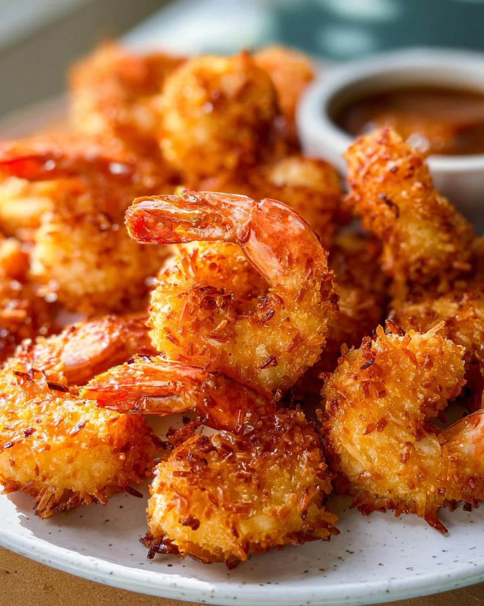 Close-up of golden-brown crispy coconut shrimp, a delicious shrimp recipe idea for busy weeknights.