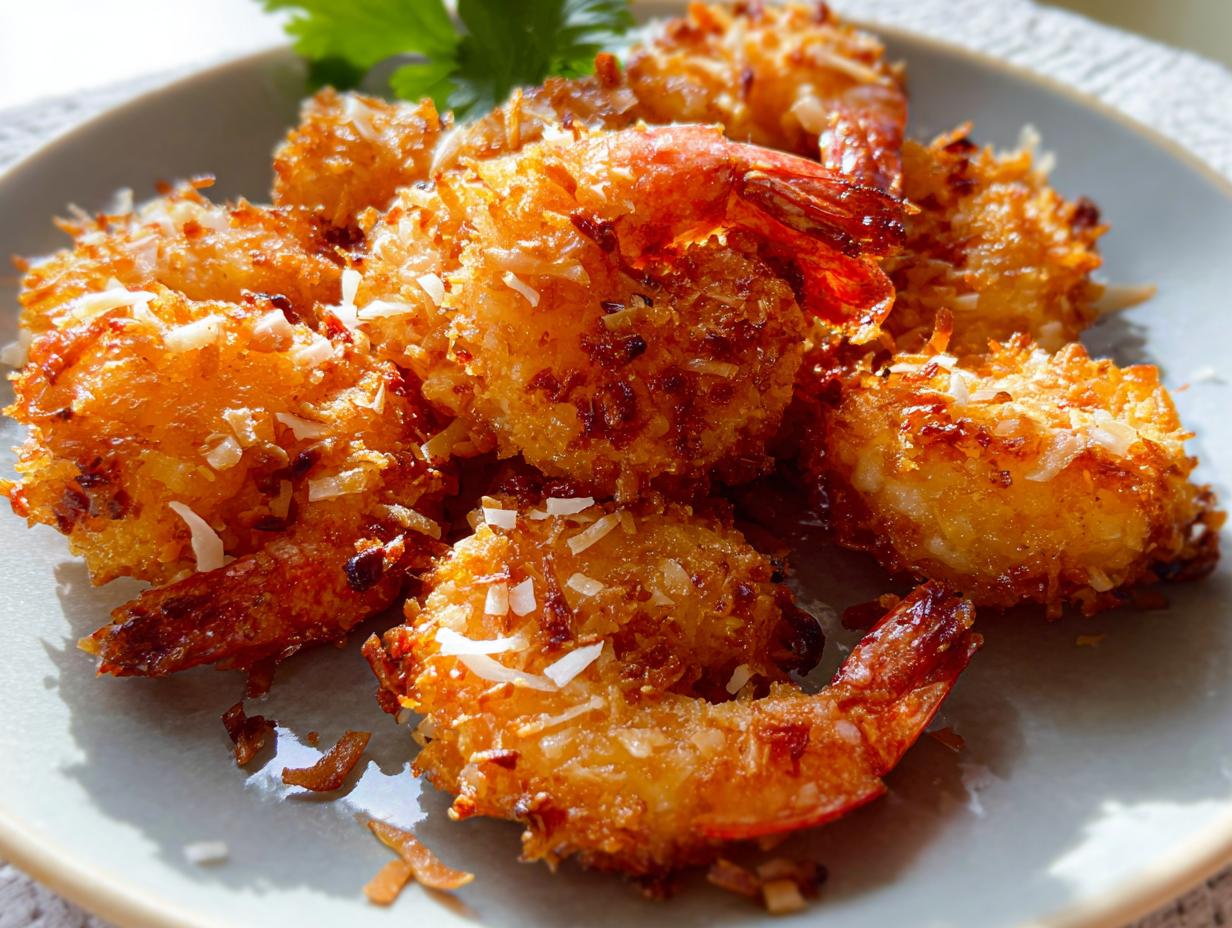 Close-up of golden-brown crispy coconut shrimp on a plate, a perfect addition to your shrimp recipes.