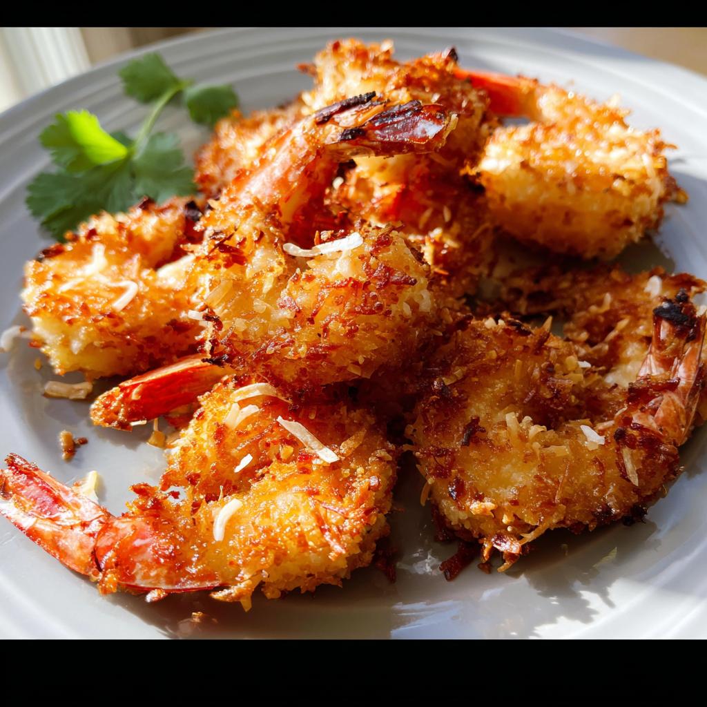 Close-up of golden-brown crispy coconut shrimp on a grey plate, garnished with cilantro.