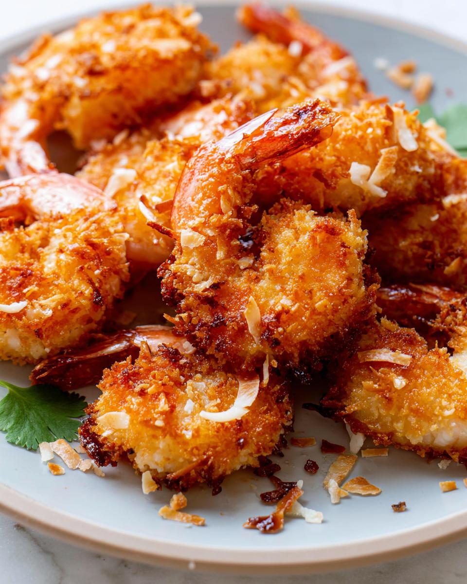 Close-up of golden-brown crispy coconut shrimp, a delicious shrimp recipe, piled on a plate with cilantro.