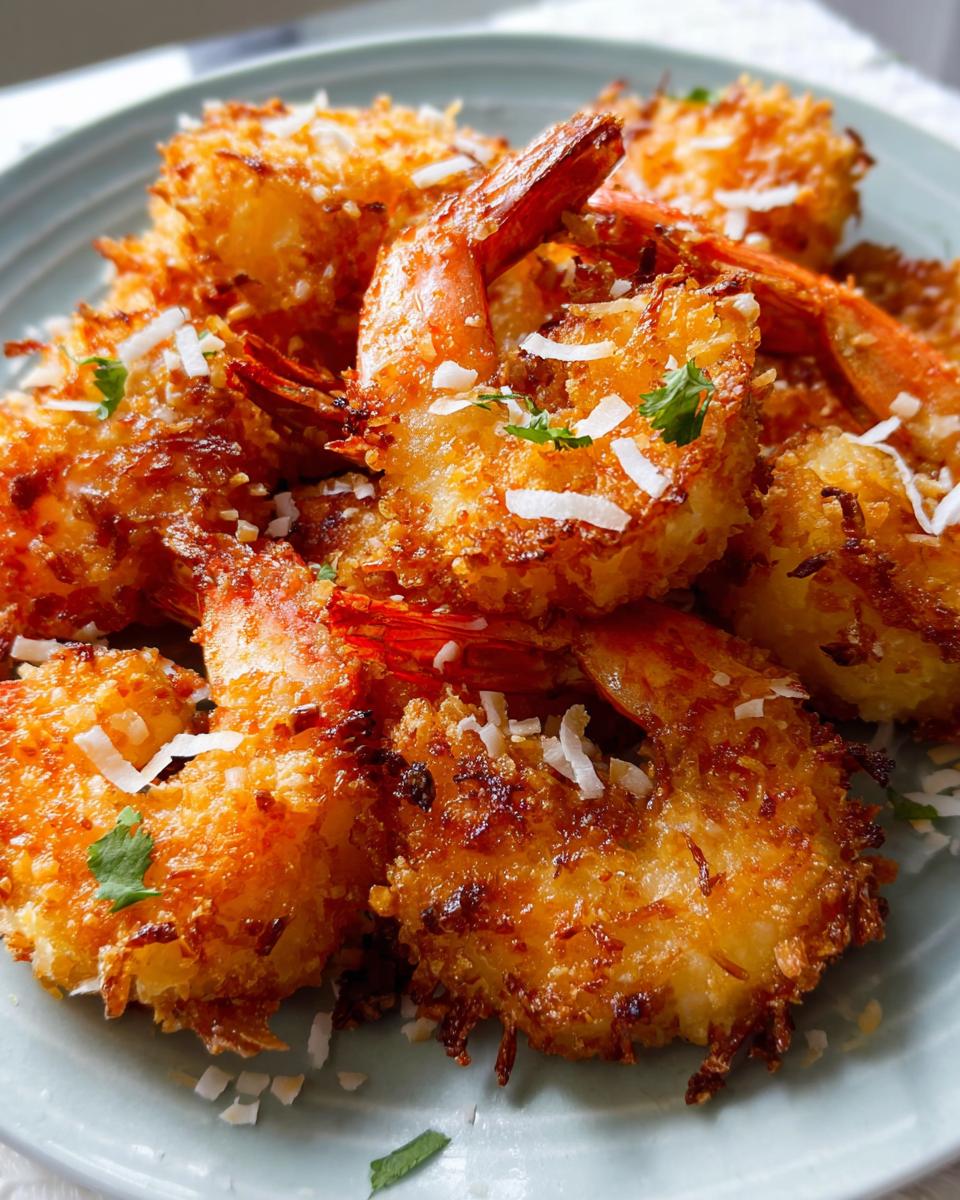 Close-up of golden-brown crispy coconut shrimp, a delicious shrimp recipe, garnished with shredded coconut and parsley.