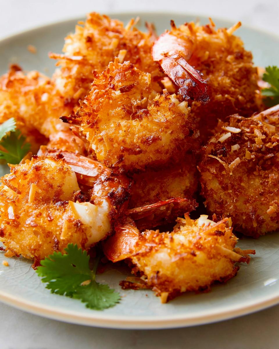Close-up of golden-brown crispy coconut shrimp, a delicious shrimp recipe, garnished with cilantro.