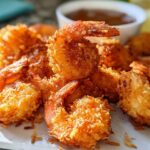 Close-up of golden-brown crispy coconut shrimp, a delicious shrimp recipe idea.