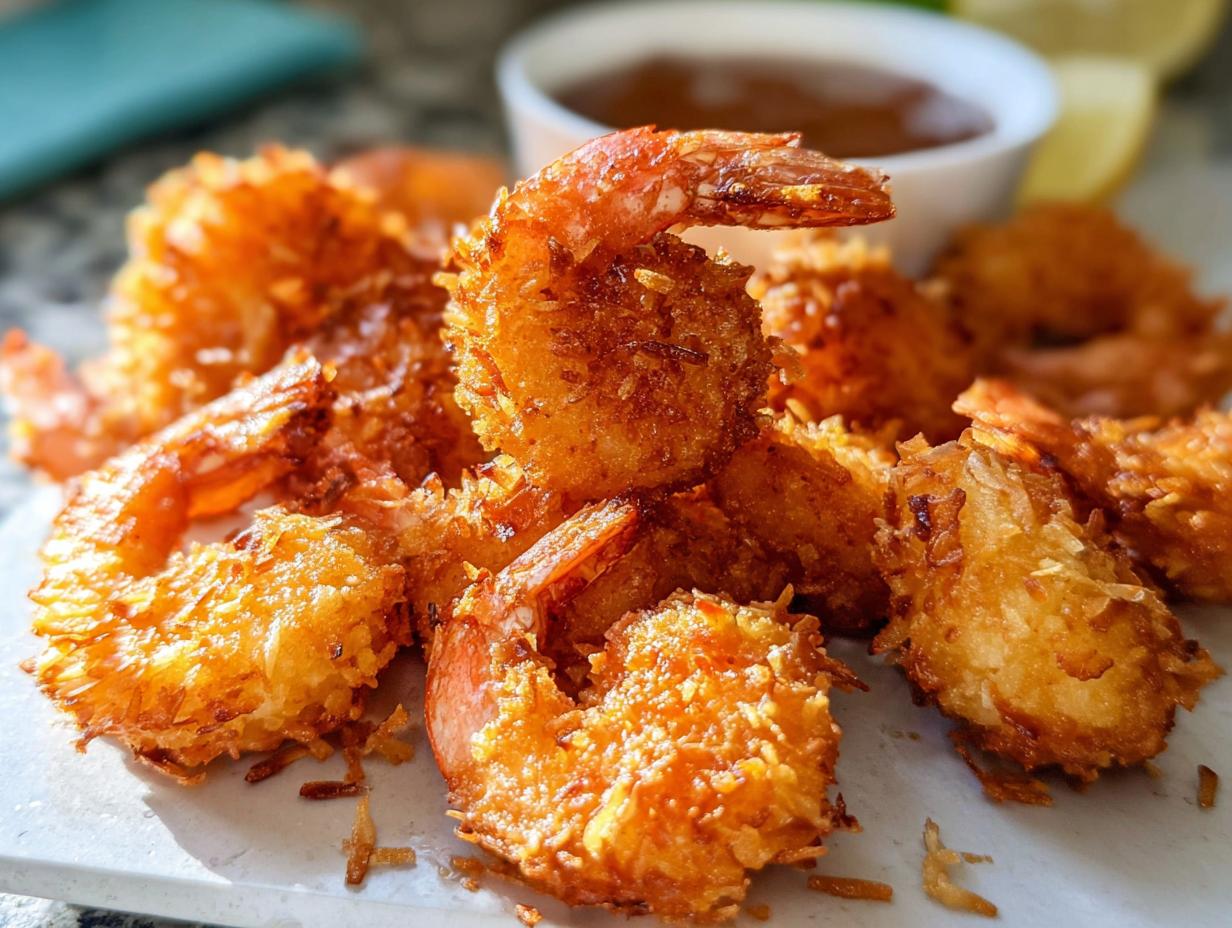 Close-up of golden-brown crispy coconut shrimp, a delicious shrimp recipe idea.