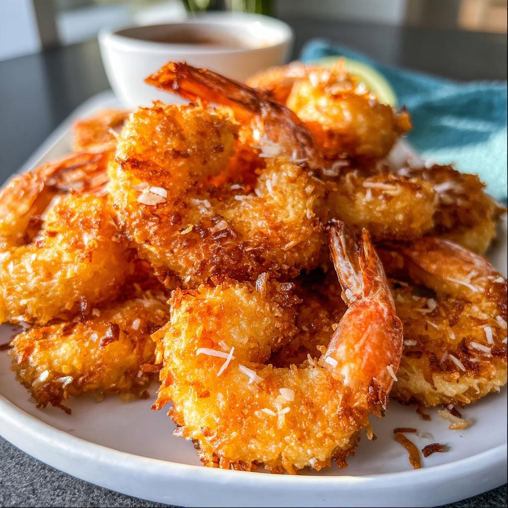 A close-up of golden-brown, crispy coconut shrimp piled on a white plate, ready to be enjoyed as one of 7 genius shrimp recipes.