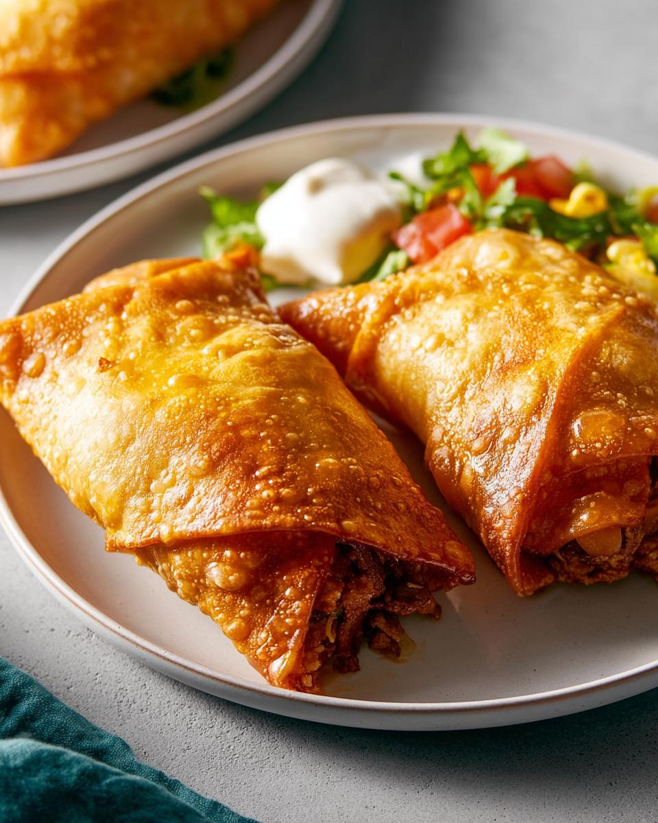 Two golden-brown crispy egg rolls served on a plate with a side of salad and sour cream, perfect for 20-Ingredient Easy Dinner Recipes.