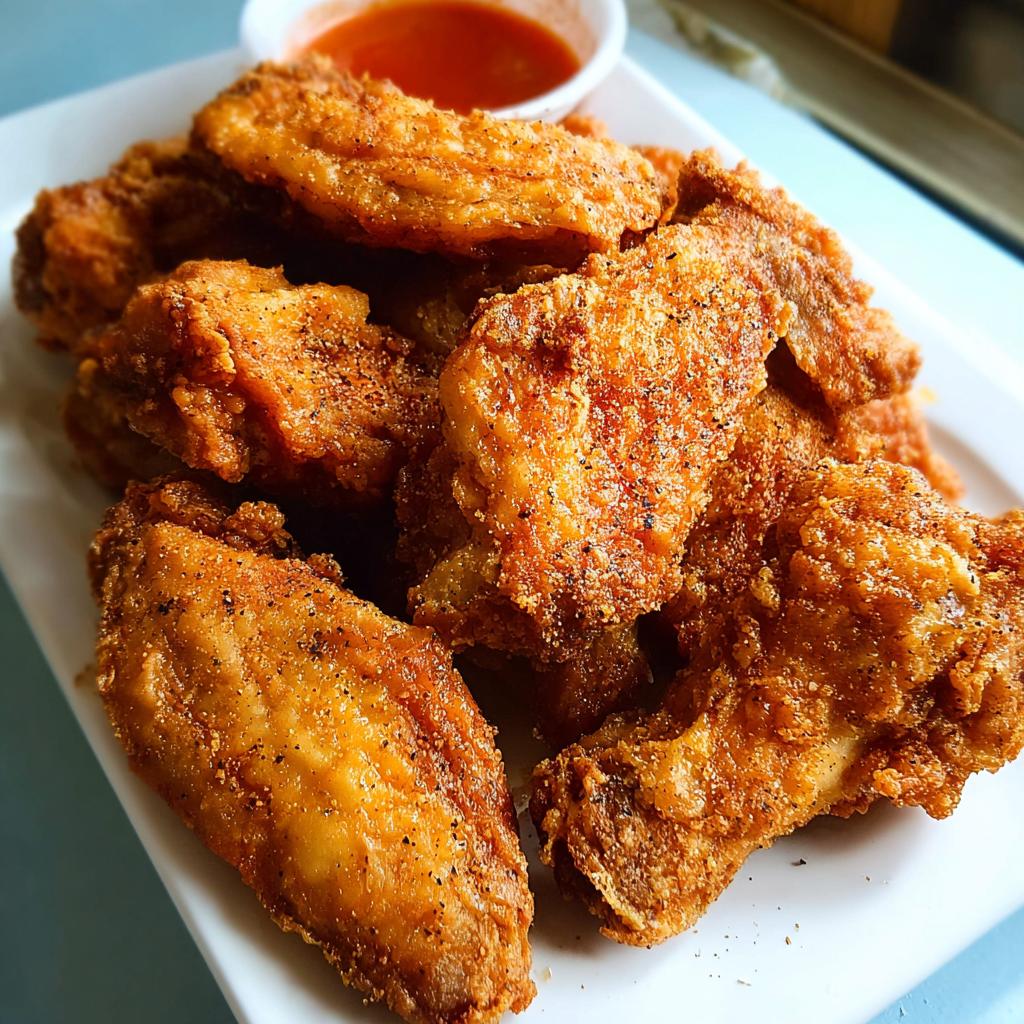 A pile of golden-brown, crispy fried chicken wings seasoned with pepper, served with a small dish of dipping sauce.