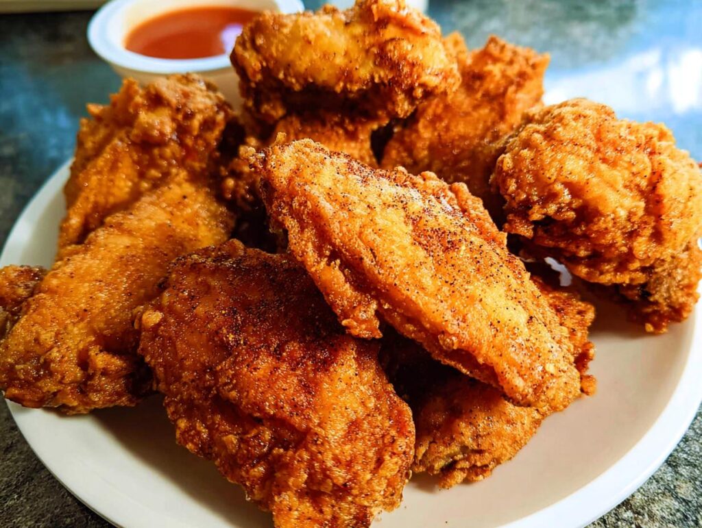 A plate of golden-brown, crispy fried chicken wings, seasoned with spices, served with a side of dipping sauce.