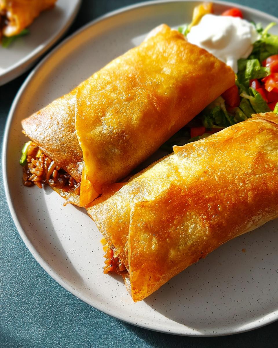 Two golden-brown crispy spring rolls served with a side salad and sour cream, part of 20-Ingredient Easy Dinner Recipes.