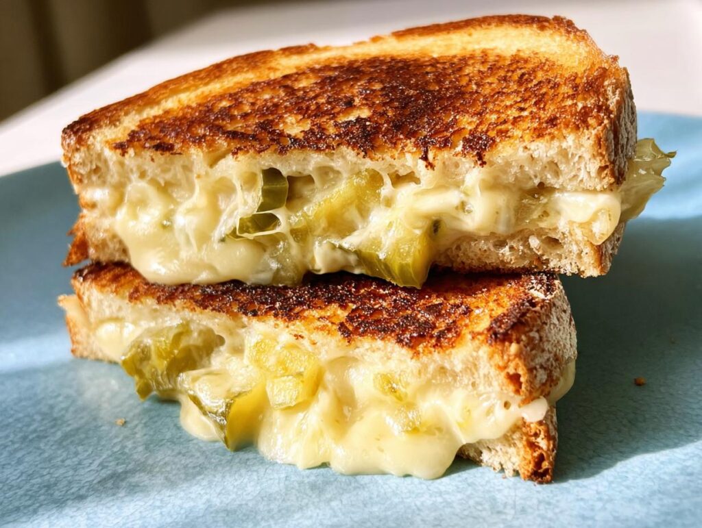 A close-up of a dill pickle grilled cheese sandwich, showing gooey melted cheese and pickle slices.