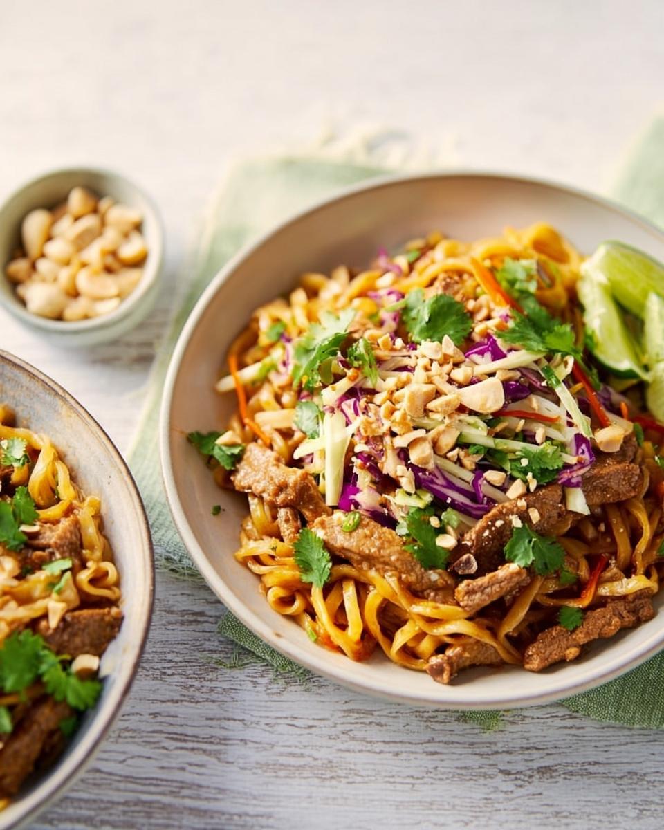 Close-up of a bowl of easy beef noodle stir-fry with shredded cabbage, peanuts, and cilantro.