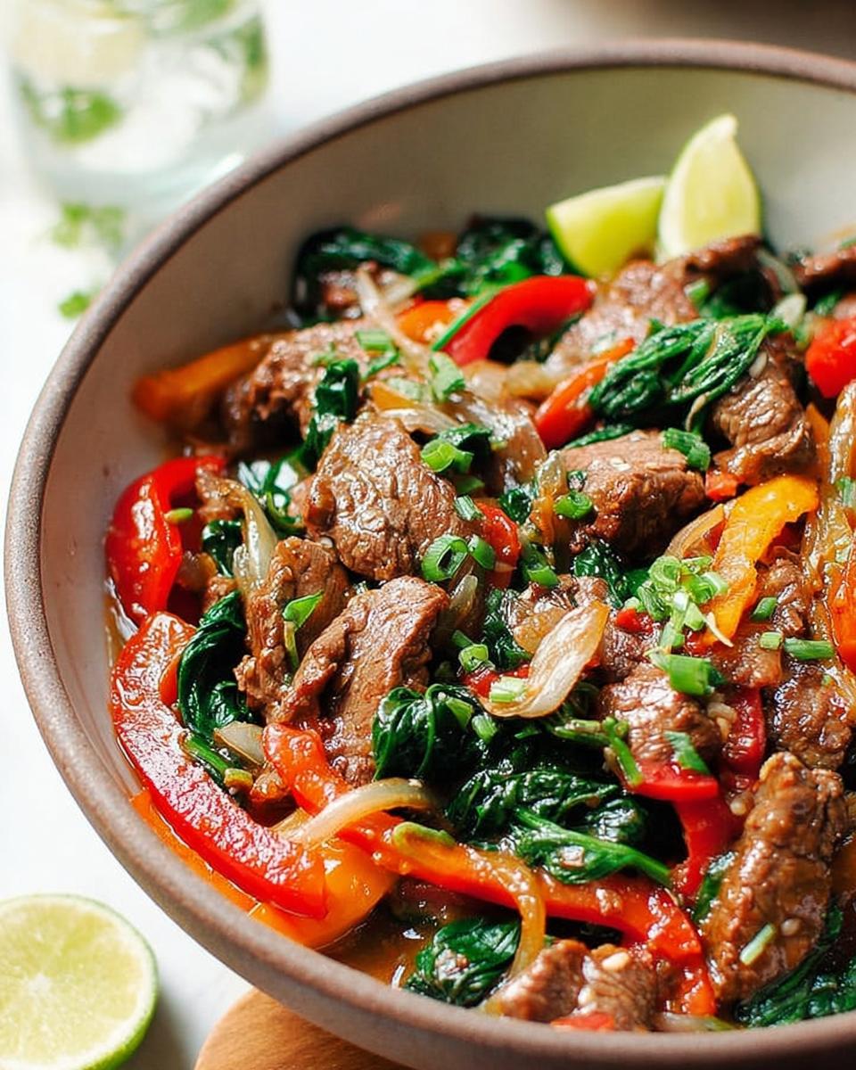 A close-up of a beginner-friendly beef and pepper stir-fry in a bowl, with lime wedges.