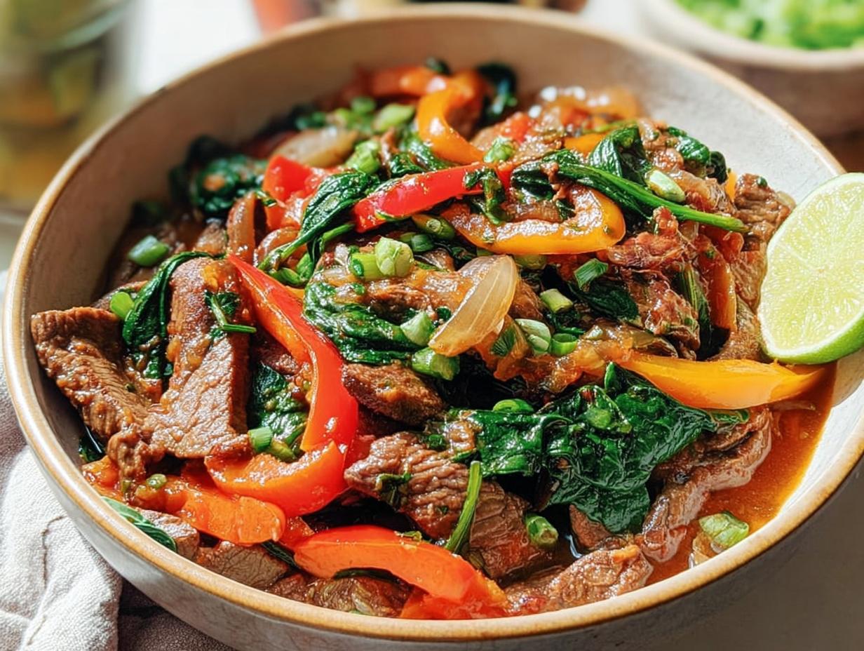 Close-up of an easy beef and pepper stir-fry with spinach and lime, perfect for beginners.