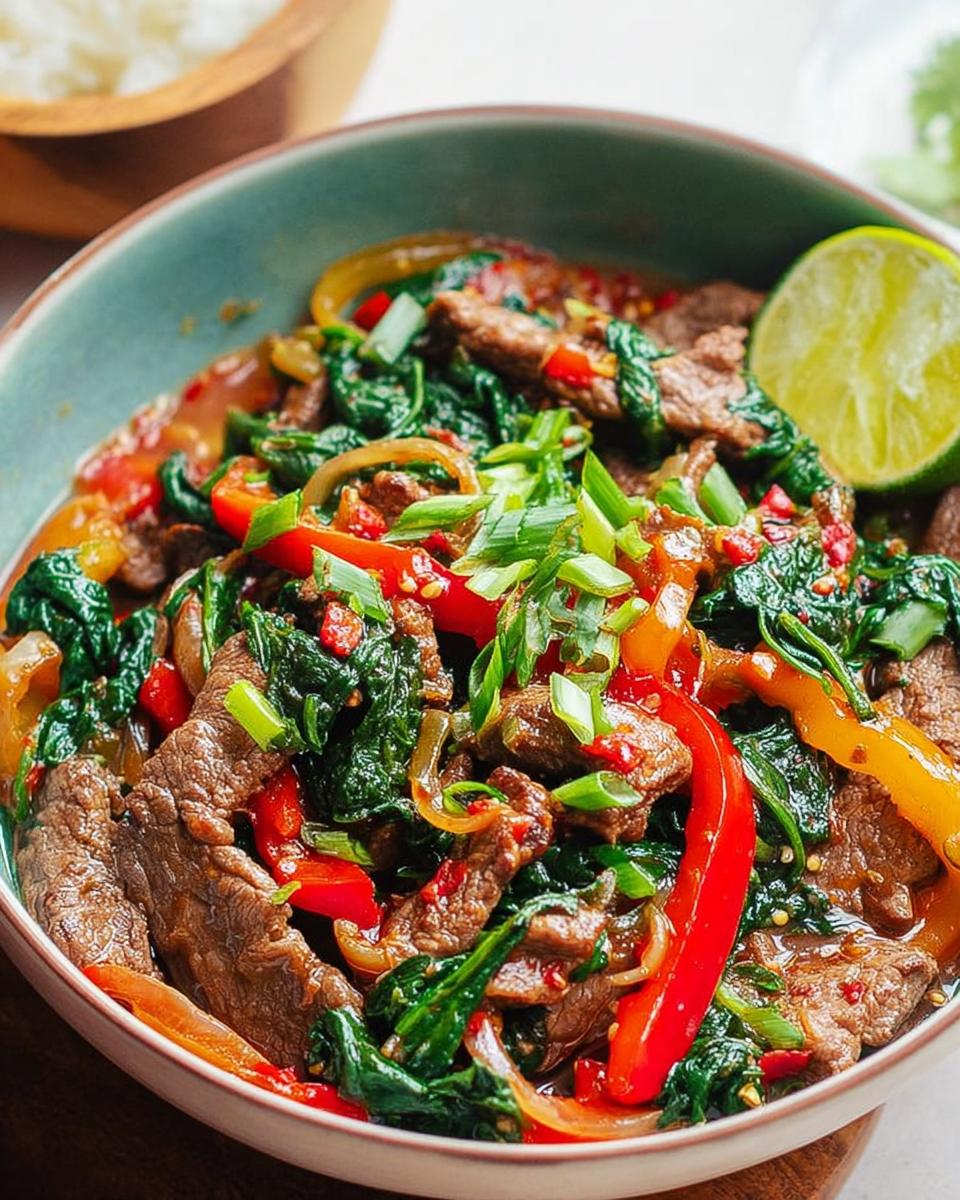 Close-up of a beginner-friendly beef and spinach stir-fry with bell peppers and lime.