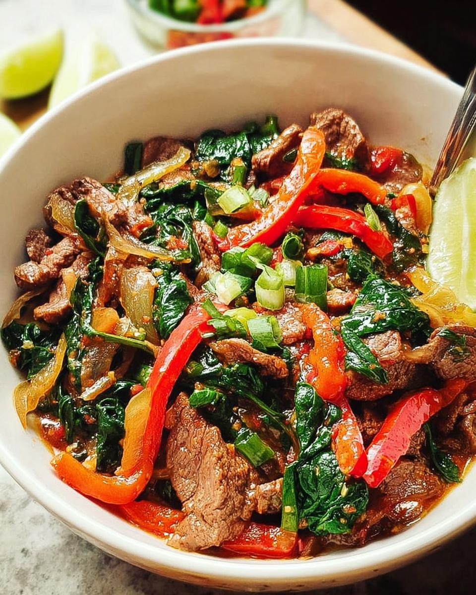 A close-up of an easy beef and spinach stir-fry with red bell peppers and onions, served in a bowl with lime wedges.