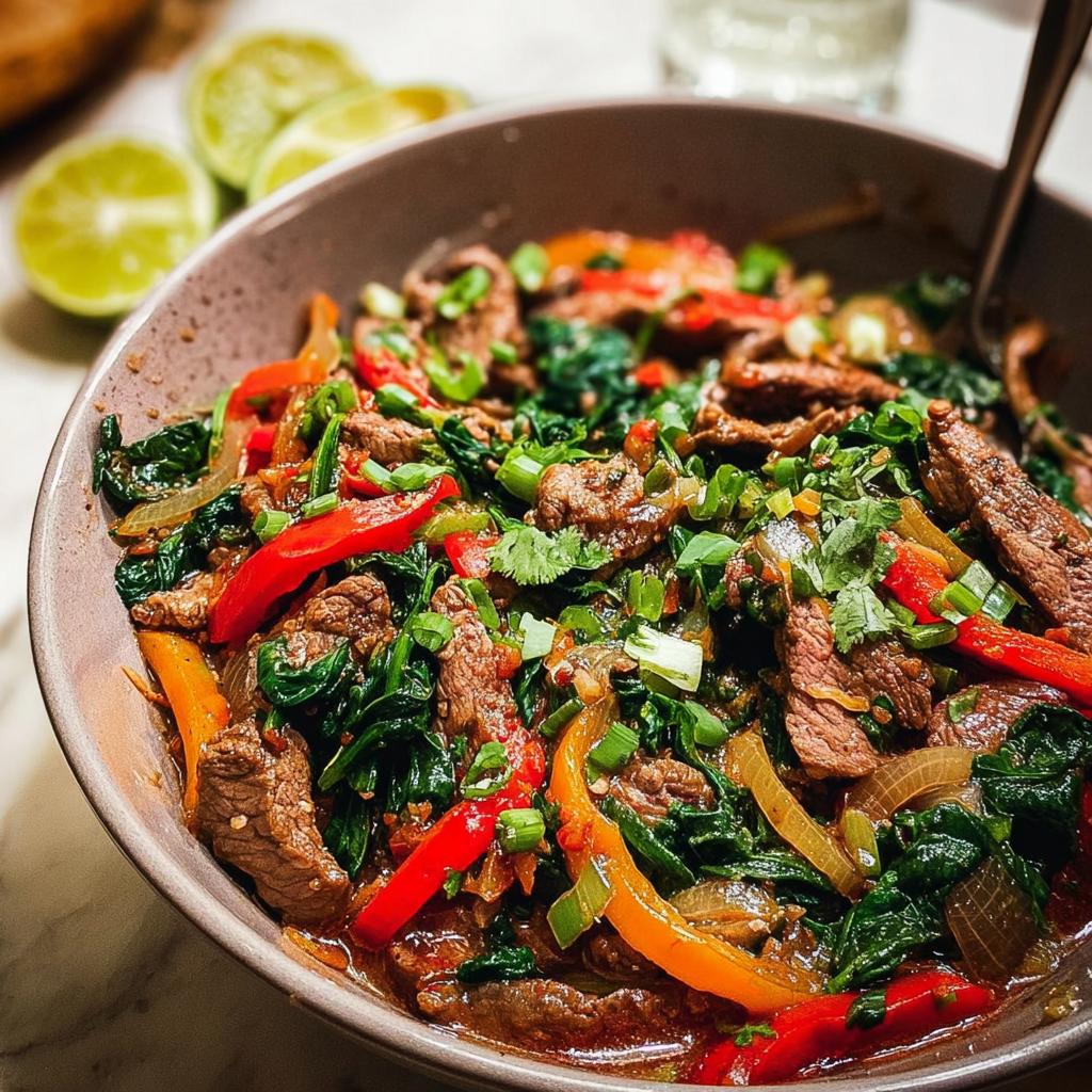 Close-up of a vibrant beef and vegetable stir-fry, featuring tender beef strips, colorful bell peppers, spinach, and onions, garnished with green onions.