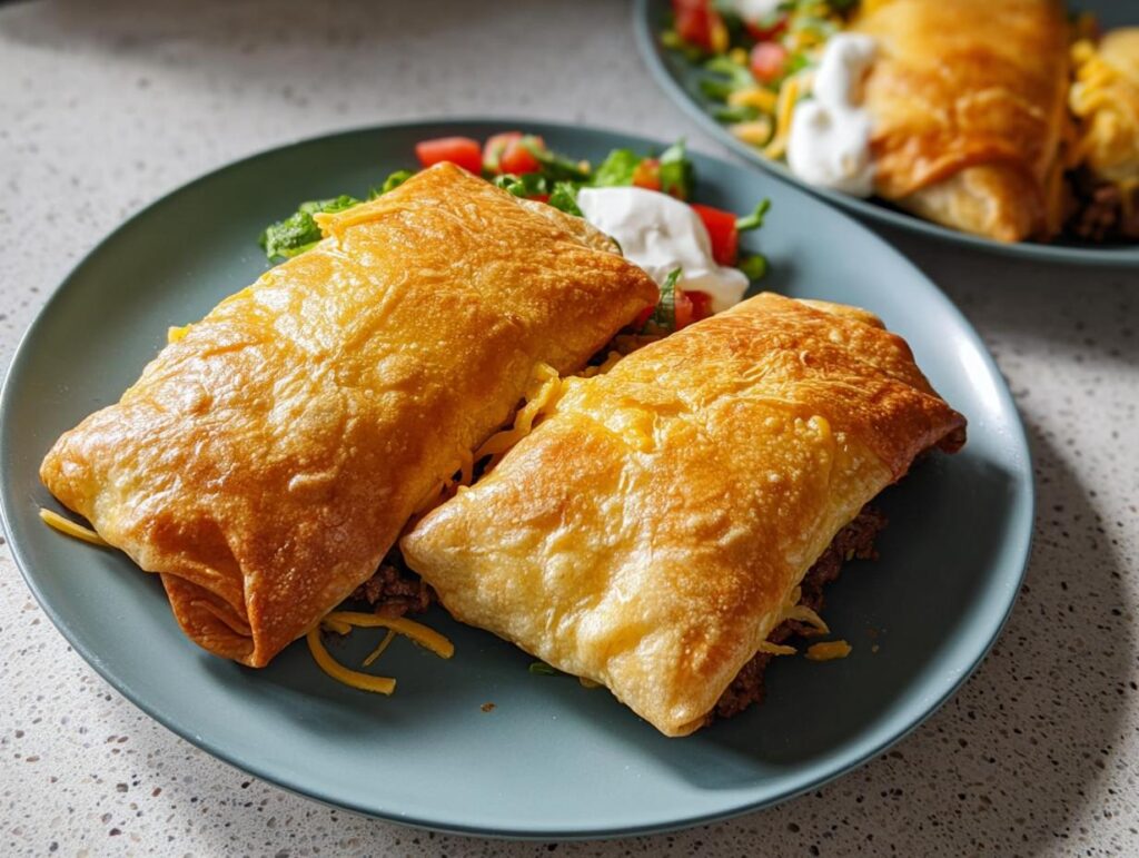 Two golden baked burritos filled with seasoned ground beef and cheese, served with a side salad. Part of 20-Ingredient Easy Dinner Recipes.