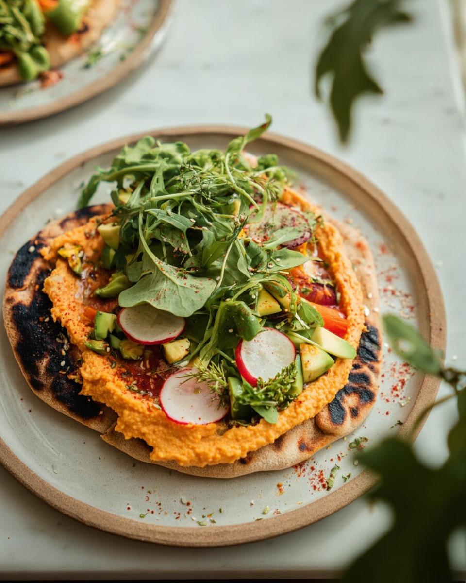A vibrant and healthy hummus flatbread topped with avocado, radish, arugula, and herbs, perfect for easy dinner recipes.
