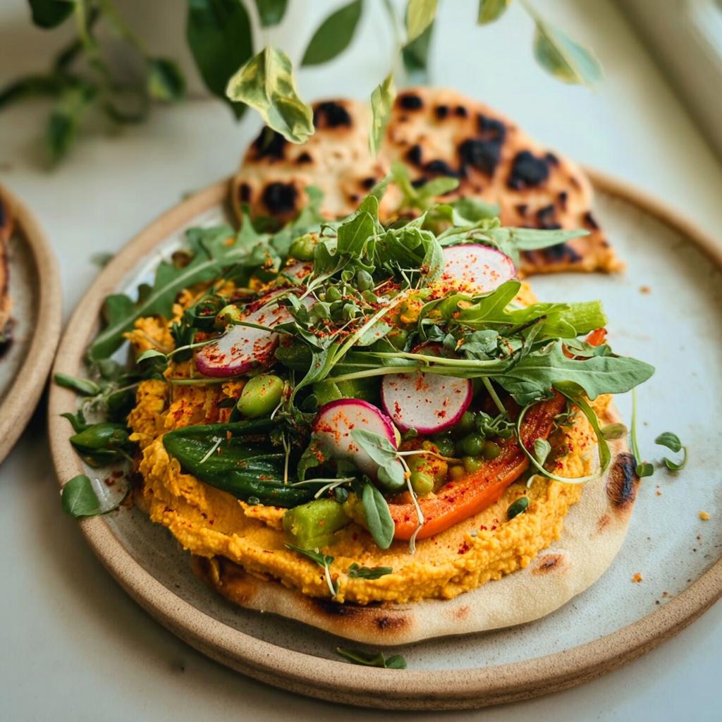 A vibrant and delicious hummus flatbread topped with fresh greens, radishes, edamame, and roasted peppers, perfect for easy dinner recipes.