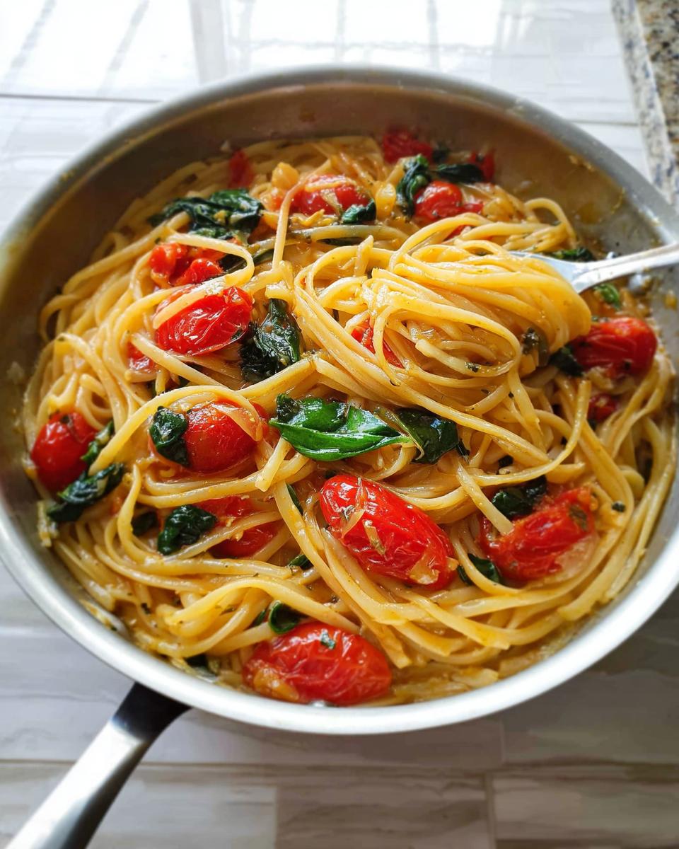 A close-up of a pan of pasta with cherry tomatoes and basil, perfect for easy dinner recipes meal prep.