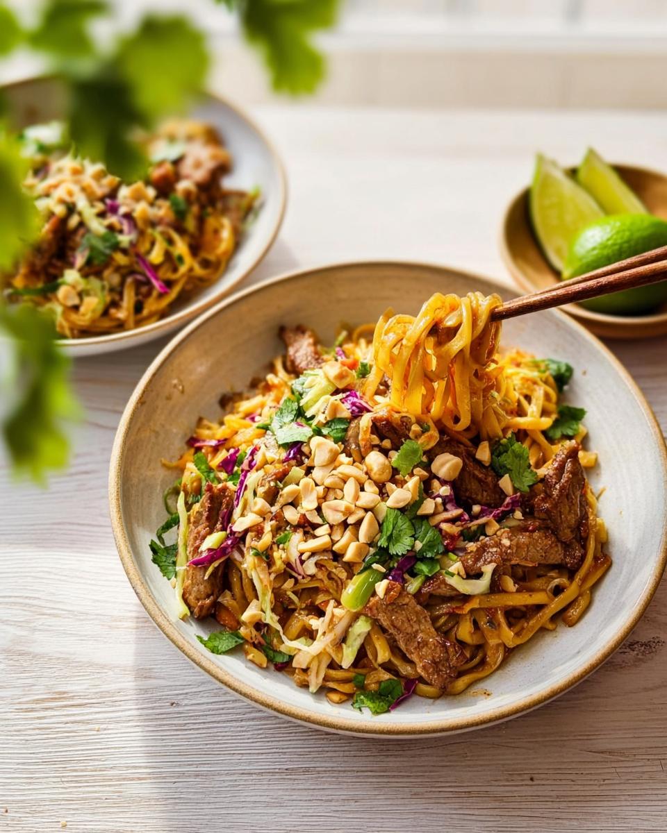 Close-up of a delicious beef and noodle stir-fry with cabbage, peanuts, and cilantro, part of easy dinner recipes.