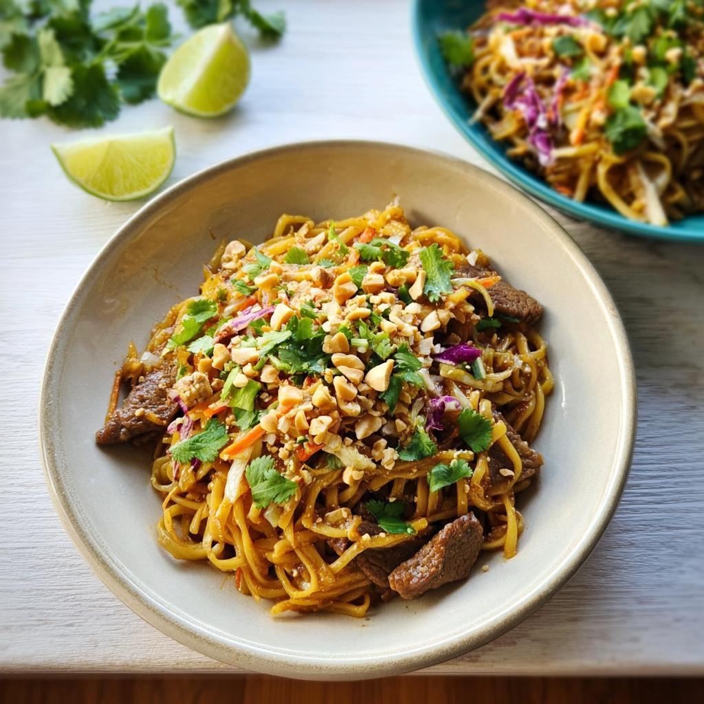 A delicious bowl of beef and noodle stir-fry with colorful vegetables, topped with chopped peanuts and cilantro. Part of easy dinner recipes.
