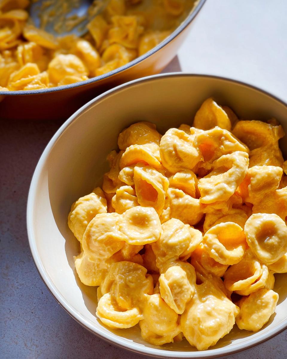 Close-up of a bowl filled with creamy orecchiette pasta in a rich cheese sauce, perfect for easy dinner recipes.