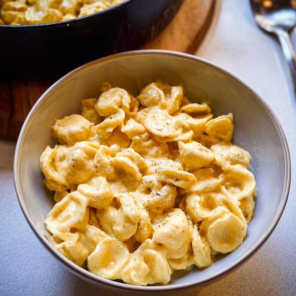 A bowl of creamy orecchiette pasta, a delicious and easy dinner recipe, sprinkled with black pepper.