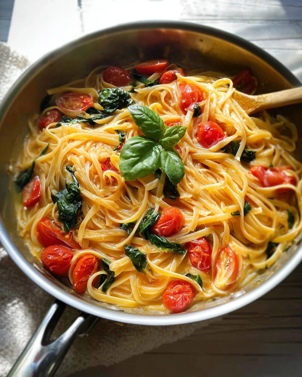 Close-up of creamy pasta with cherry tomatoes and basil, perfect for easy dinner recipes meal prep.