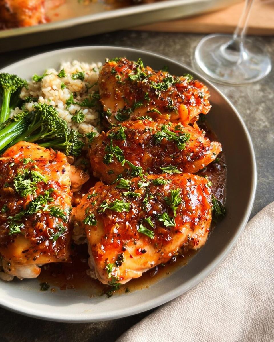 A plate of glazed chicken thighs served with rice and broccoli, a perfect easy dinner recipe.